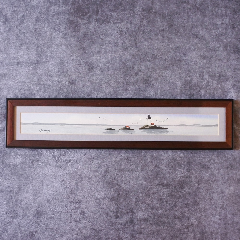 Signed Marvin Jacobs Halfway Rock Lighthouse Maine Coastal Framed Painting